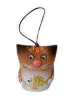 Кот довольный с рыбкой колокольчик керамический
